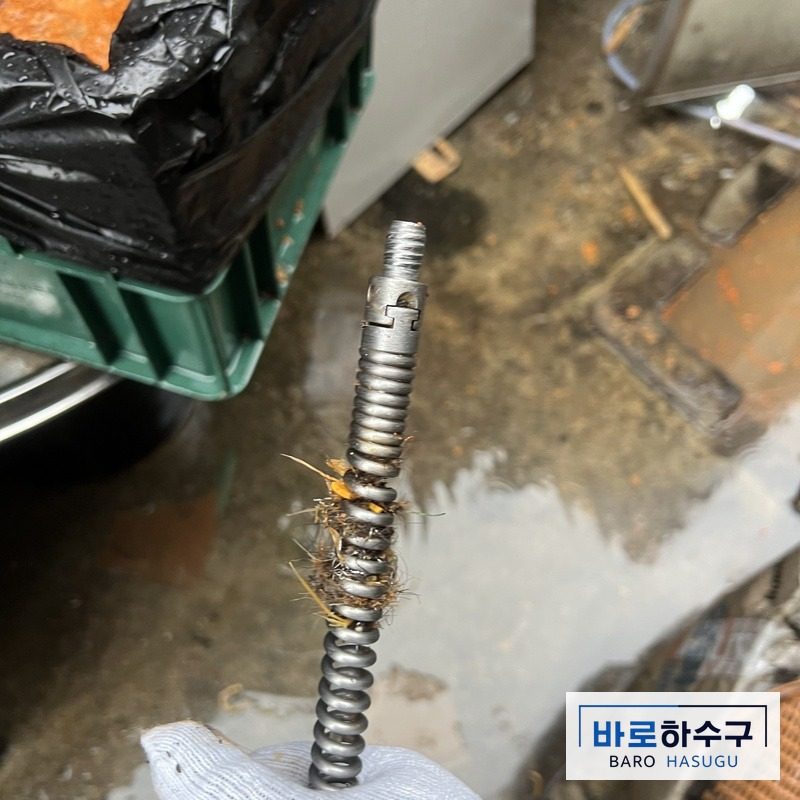 고양 일산동구 현장에서 막힌 배관을 뚫은 스프링 끝에 이물질이 감겨 나온 모습