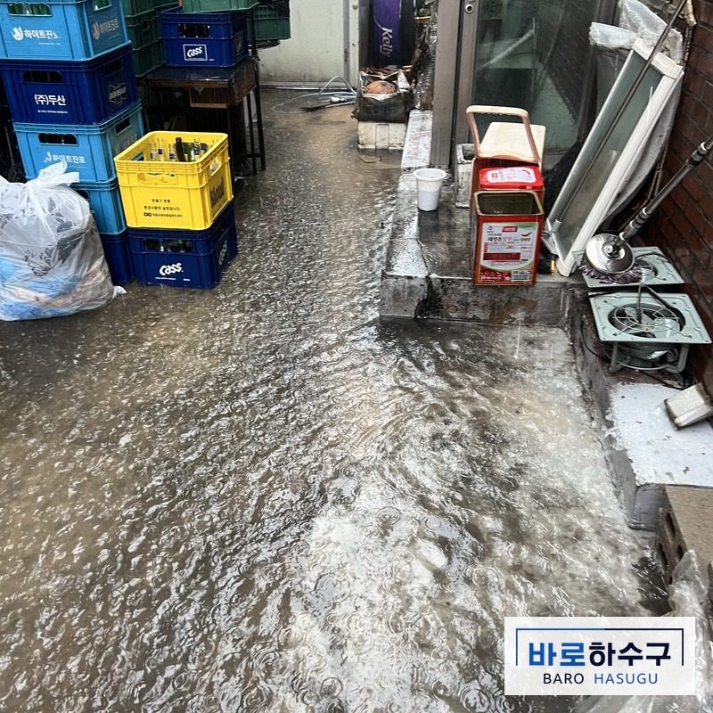 고양 일산동구 현장 건물 뒤편, 하수구로 빗물이 빠지지 못하고 바닥 가득 고인 모습