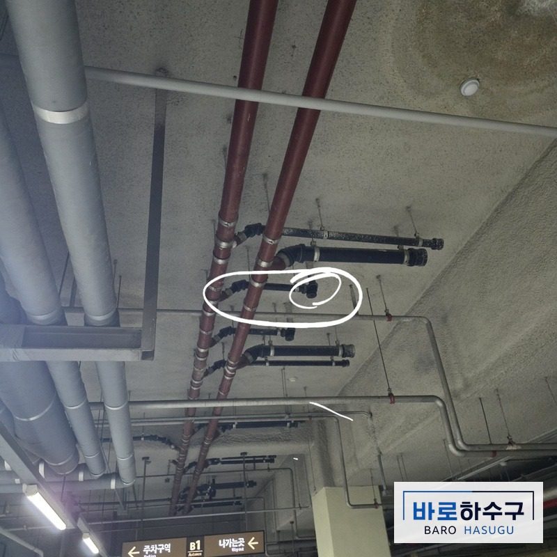 교체할 배관 위치를 동그라미로 표시한 교체 전 사진